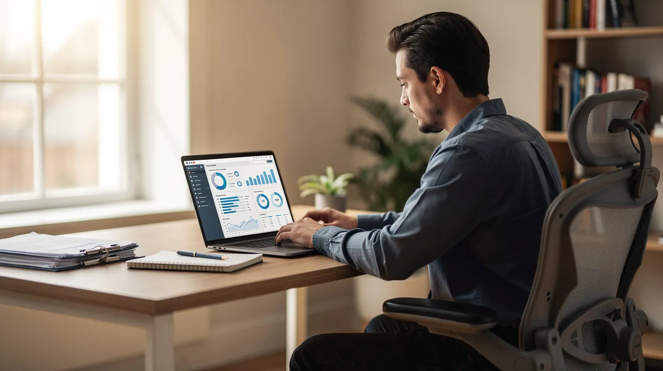 A professional is seated at a home office desk, reviewing business analytics on a laptop, with natural light streaming through a nearby window. This setting reflects the concept of semi absentee franchise ownership, emphasizing the balance between business management and flexible scheduling for busy professionals.