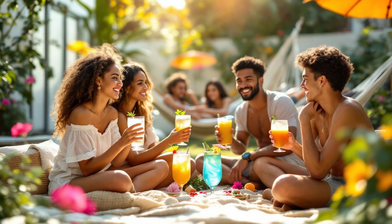 A group of young people enjoying non-alcoholic beverages together, showcasing alternatives to alcohol.