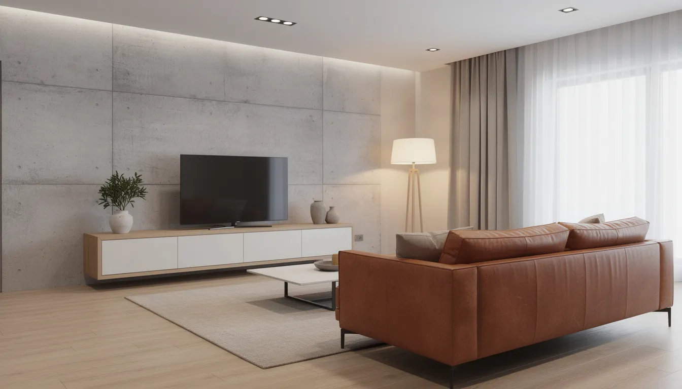 Een moderne woonkamer met een betonlook wandpaneel achter een laag tv-meubel, waar een cognackleurige leren bank voor staat. De ruimte heeft een stijlvolle uitstraling en de wandbekleding draagt bij aan de luxe ambiance.