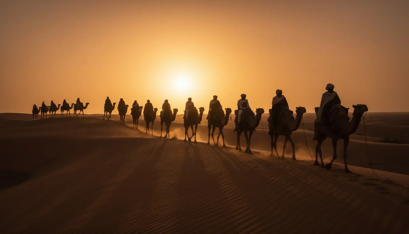 A line of camels with riders is silhouetted against a vibrant orange sunset sky as they walk through the soft sand dunes of the Sahara Desert, capturing the magical essence of a Marrakech to Fes desert tour. The scene reflects the tranquil beauty of the desert landscape, perfect for an unforgettable camel trek experience.