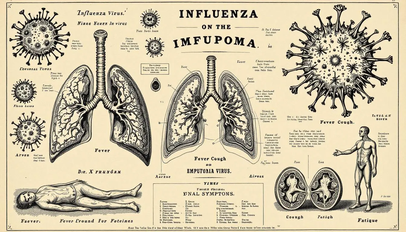 Illustration représentant le virus de la grippe et ses symptômes.