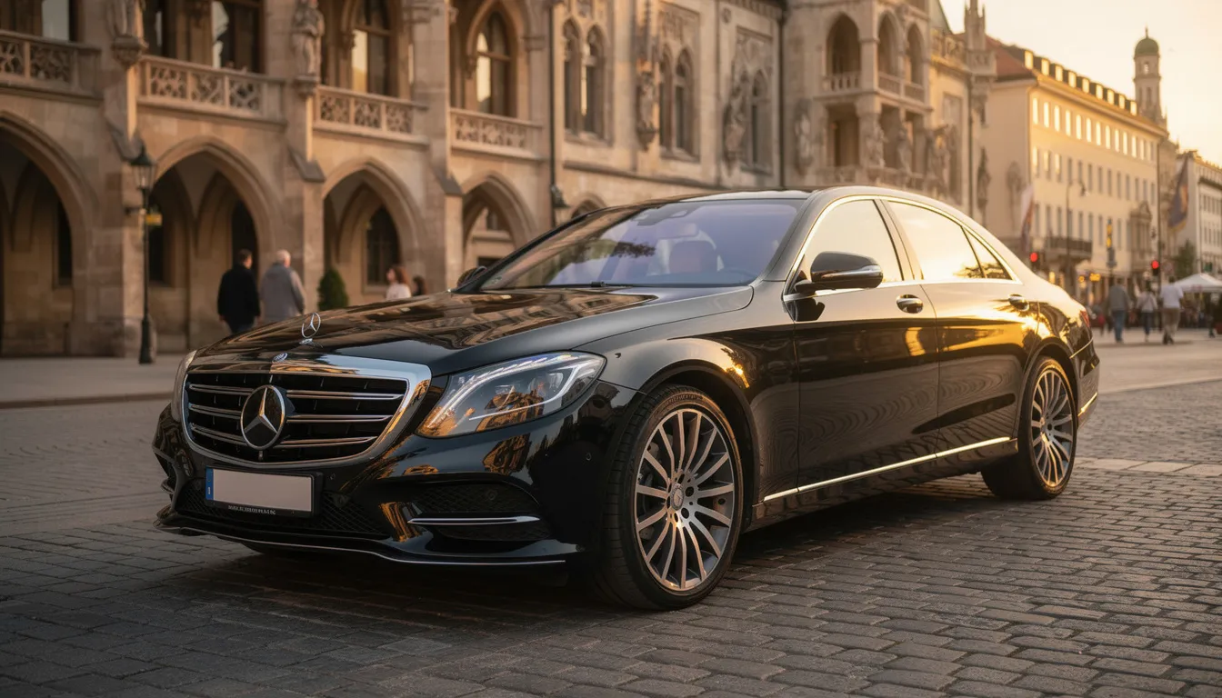 A luxury Mercedes vehicle is parked in front of a beautifully detailed historical building in Munich, showcasing the contrast between modern elegance and the rich architectural heritage of the city. The backdrop reflects the city's history, which includes significant events during the Nazi regime and the existence of concentration camps like Dachau.