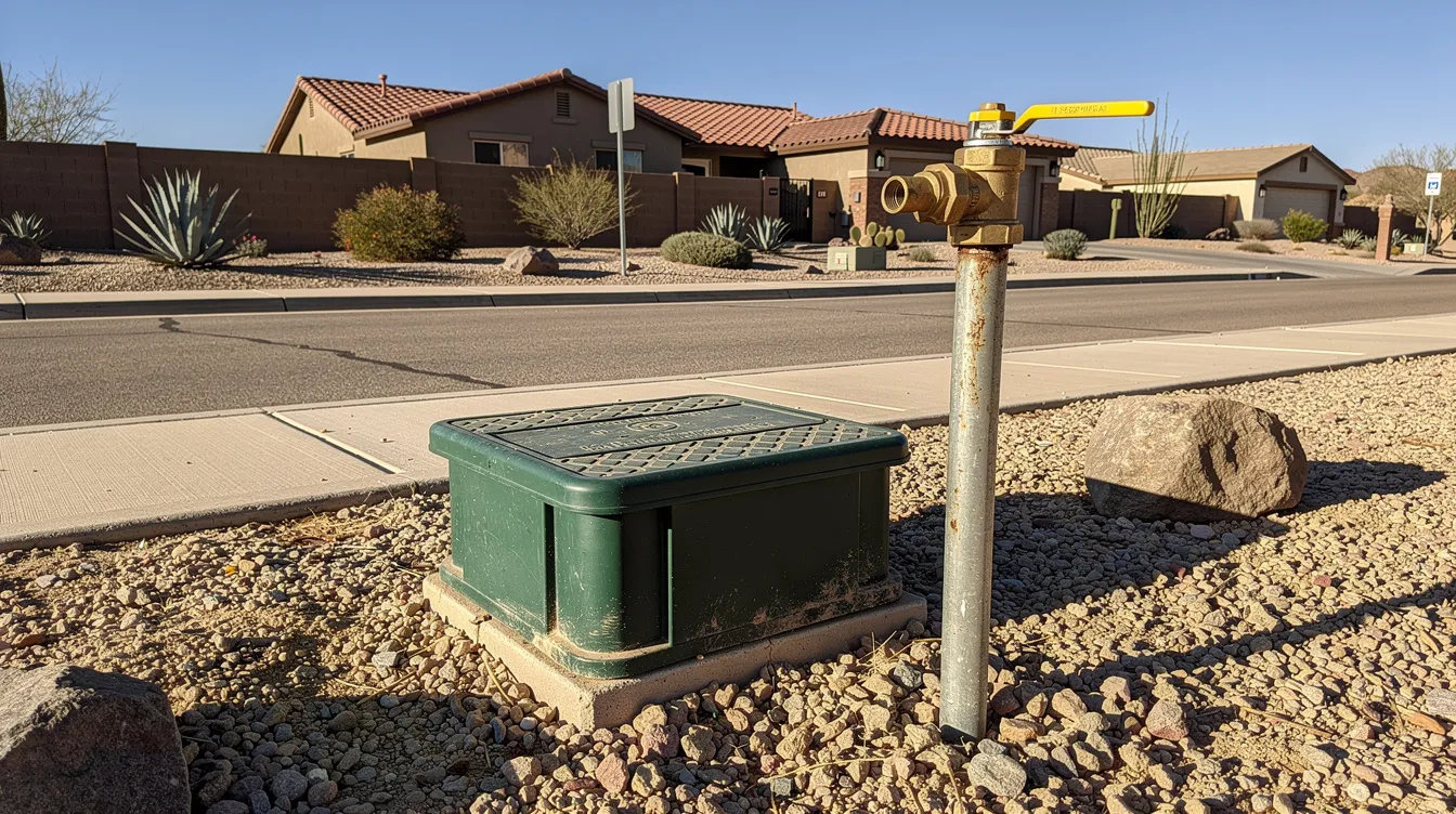 The image shows a residential water meter box and a main shutoff valve located near a sidewalk in a desert neighborhood, indicating the plumbing system's access point for monitoring water usage and managing supply. This setup is essential for homeowners to address any plumbing problems, such as leaks or low water pressure, efficiently.