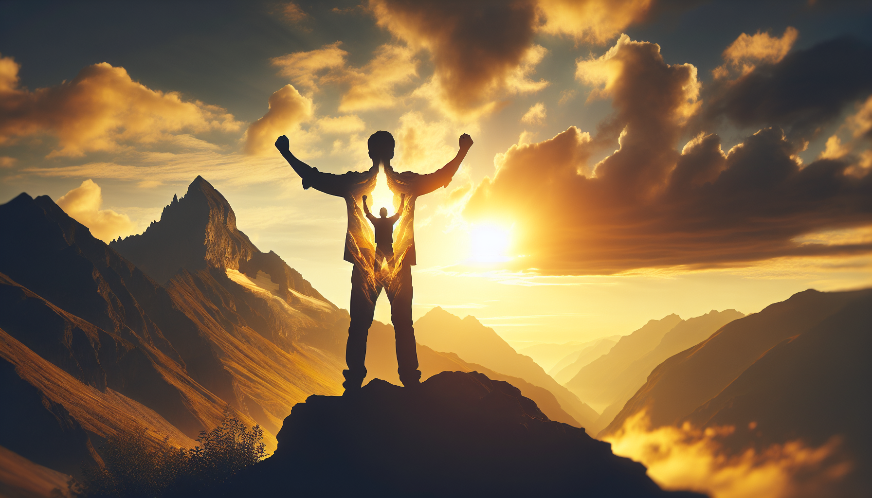 Person standing on a mountain peak with arms raised in victory