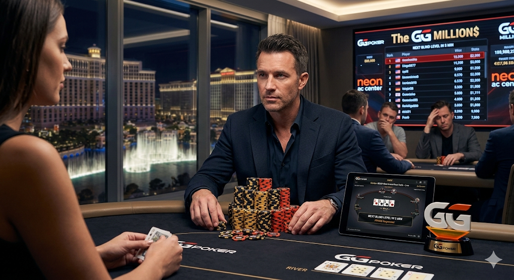 Pokerspeler aan een GG Poker tafel tijdens een high stakes toernooi zoals de GG Millions, met fiches, kaarten en leaderboard op de achtergrond.