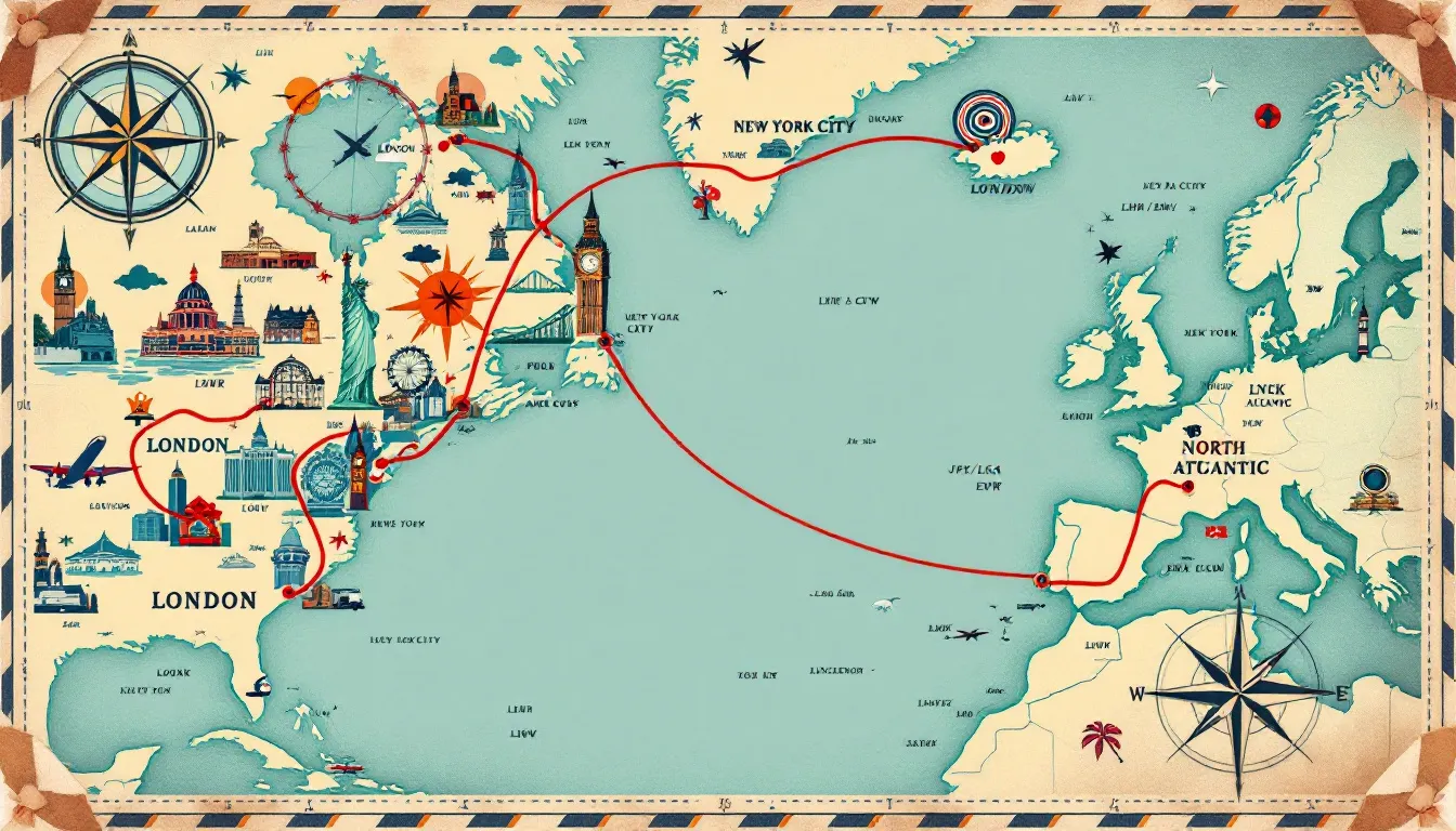 A map showing popular flight routes between NYC and London, highlighting major airports.