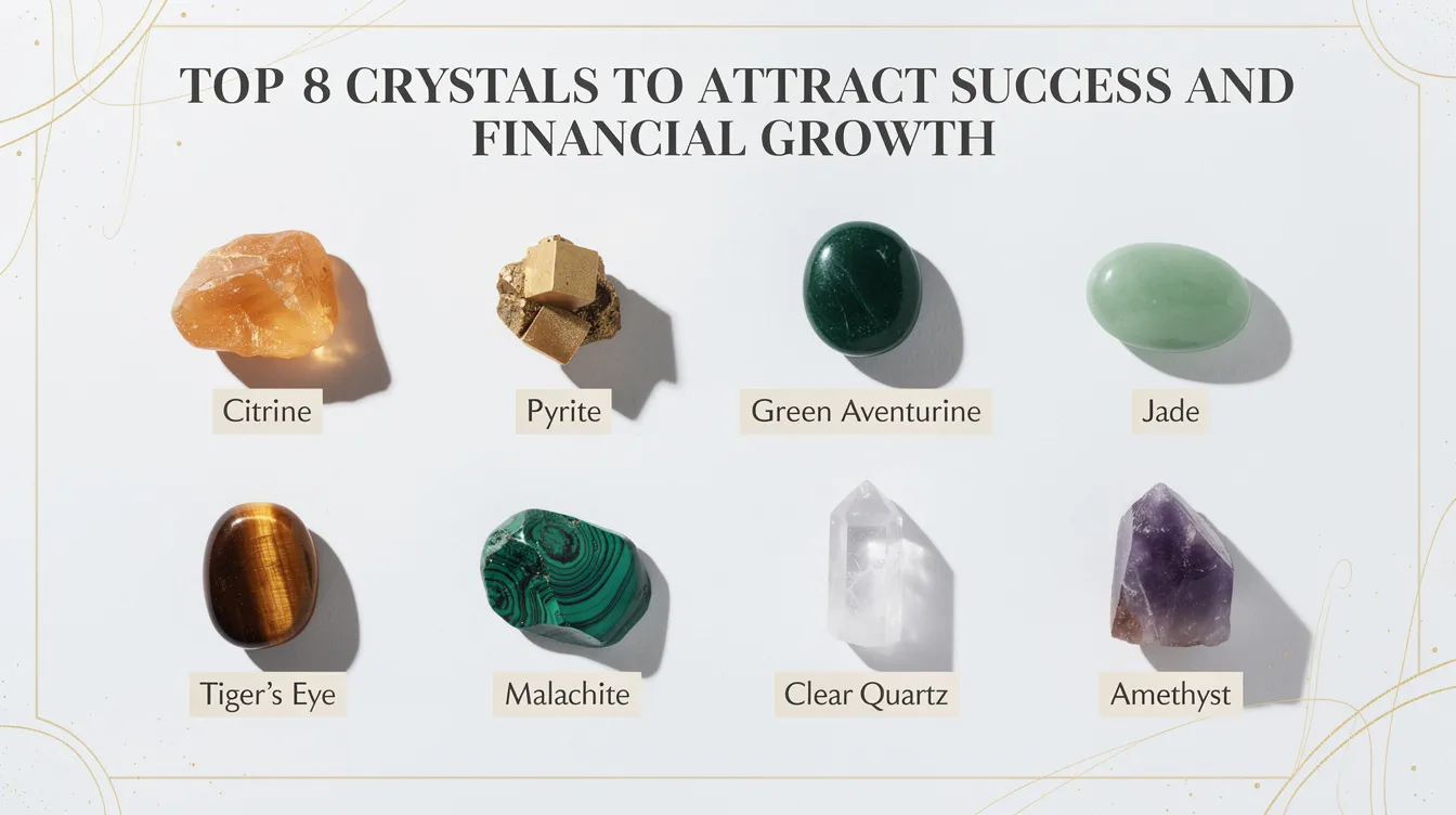 The image features a collection of eight powerful crystals, including green aventurine, clear quartz, and tiger's eye, arranged in a crystal grid designed to attract financial success and prosperity. Each crystal is believed to enhance positive energy, clear energy blockages, and support individuals in achieving their financial goals and business success.