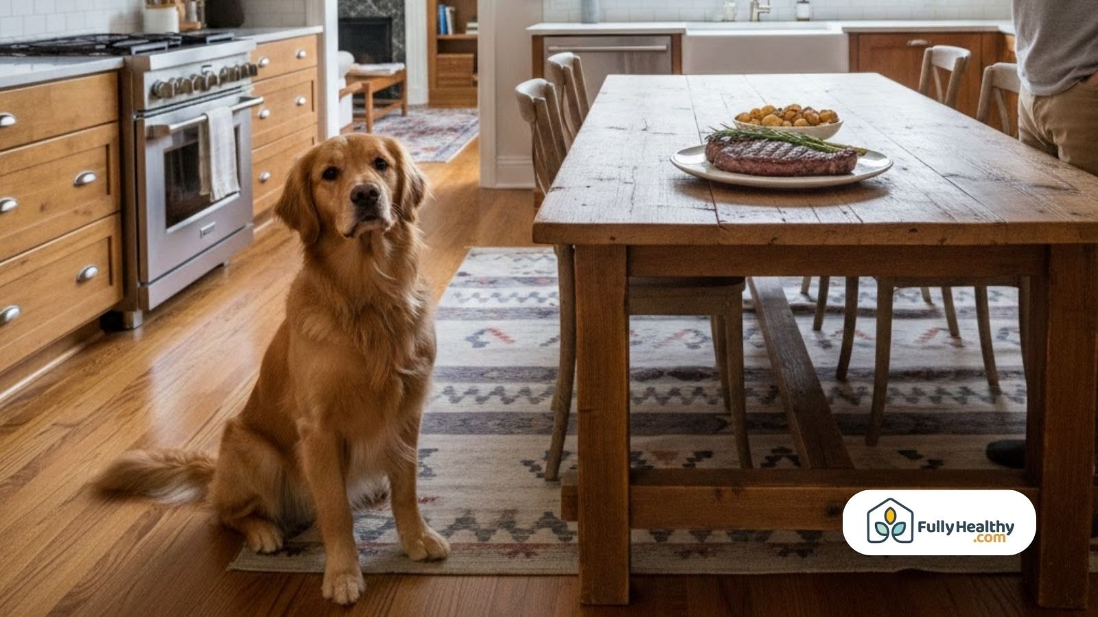 Dog sitting near a dining table with a cooked steak placed on a plate in a home kitchen.