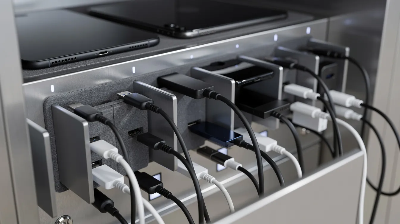 The image features a close-up view of neatly organized USB-C cables and secure device bays within a charging locker, showcasing an efficient charging station designed for multiple devices. This setup emphasizes safety and control, ensuring that laptops, tablets, and phones are charged overnight without the risk of battery damage or overheating.