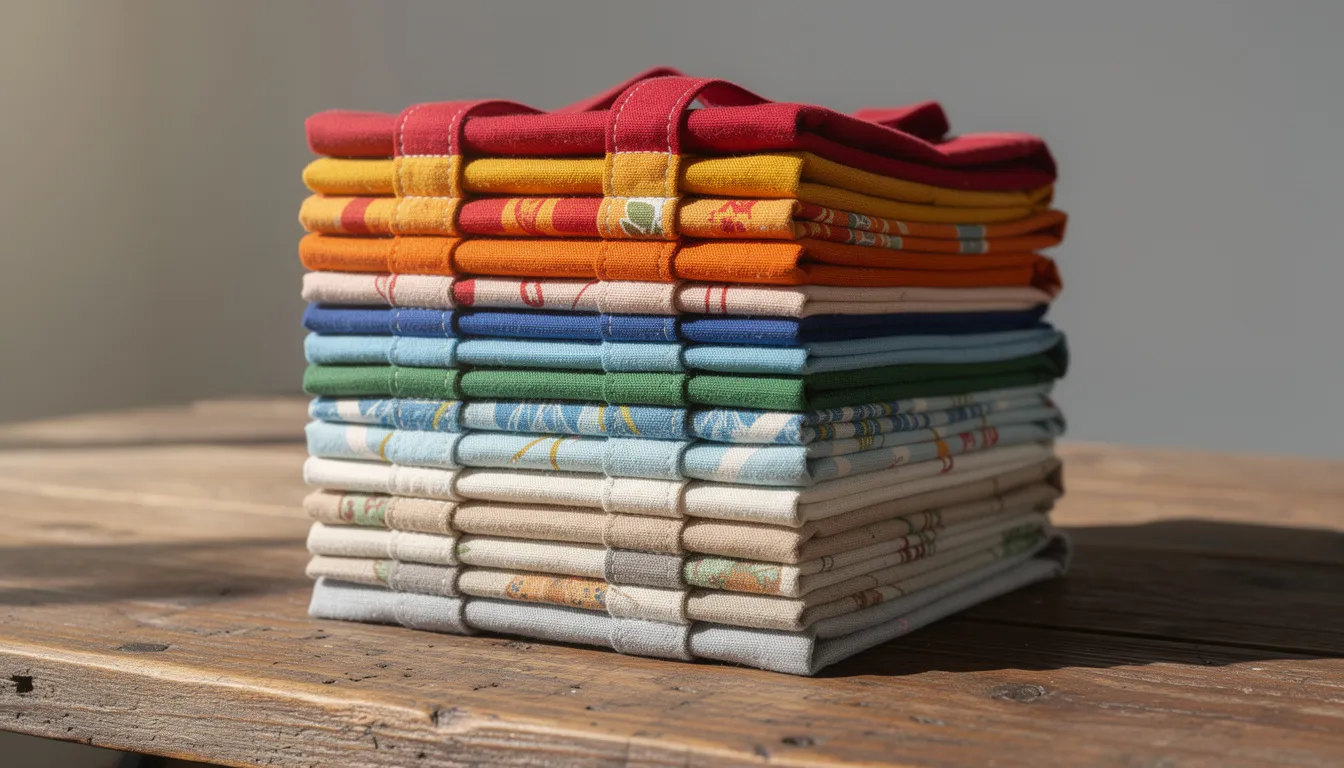 Na drewnianym stole znajduje się stos kolorowych bawełnianych toreb, które są idealnym rozwiązaniem na zakupy. Torby ekologiczne, wykonane z naturalnych materiałów, są praktyczne i estetyczne, a ich różnorodność kolorów sprawia, że świetnie sprawdzą się w codziennej stylizacji.