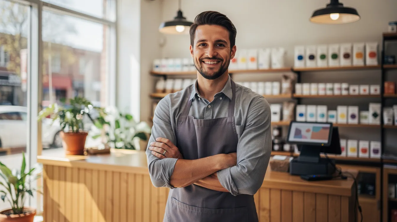 The image depicts a confident small business owner and local merchant standing together, radiating success after securing funding for their business. They embody the spirit of stability and future sales, highlighting the importance of reliable financing solutions for small businesses.