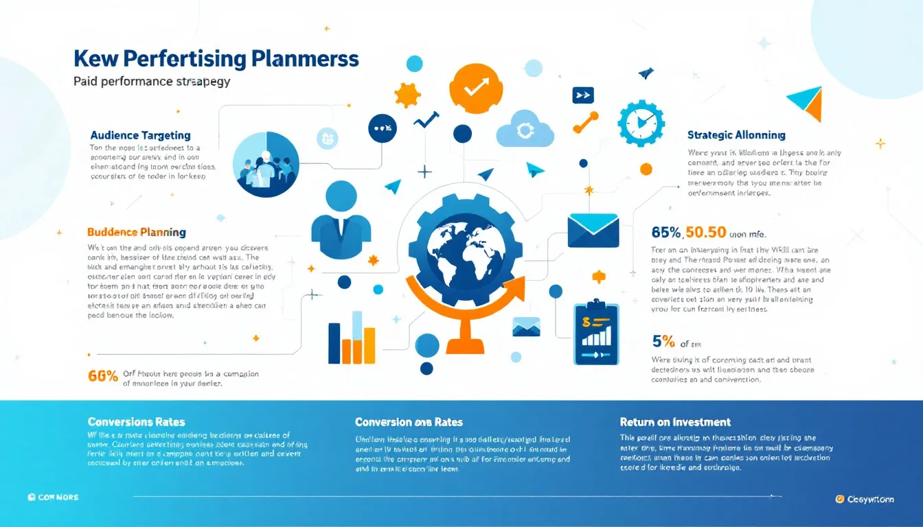 In the image titled "Approach to Paid Advertising Excellence," a diverse group of marketing professionals collaborates around a table, analyzing data and discussing strategies for effective ad campaigns. Various digital marketing materials, including graphs and examples of social media ads, are displayed, emphasizing the importance of targeting the right audience and optimizing ad spend for successful paid advertising campaigns.