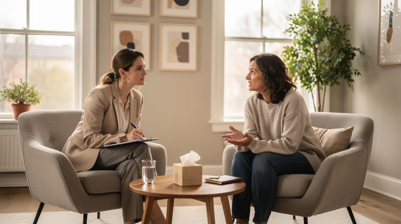 A therapist and patient are seated in comfortable chairs, engaged in a consultation within a bright office space. The discussion likely revolves around strategies for treating insomnia, focusing on improving sleep quality and managing chronic insomnia symptoms.