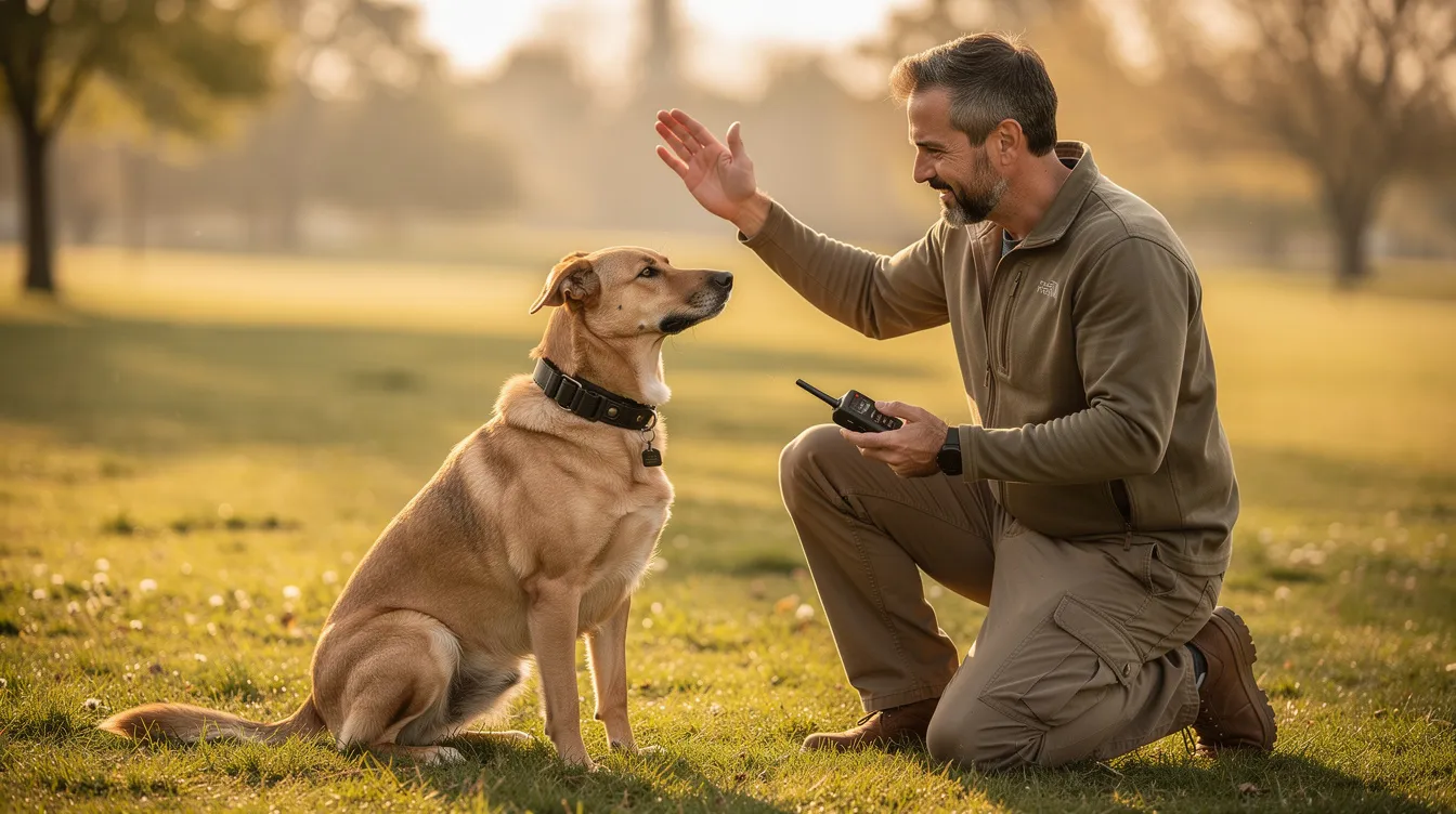 The image depicts a dog wearing a modern e collar during a training session, showcasing the proper implementation of e collar training. The trainer is using a remote to communicate with the dog, emphasizing the use of positive reinforcement and stimulation levels to correct unwanted behavior.