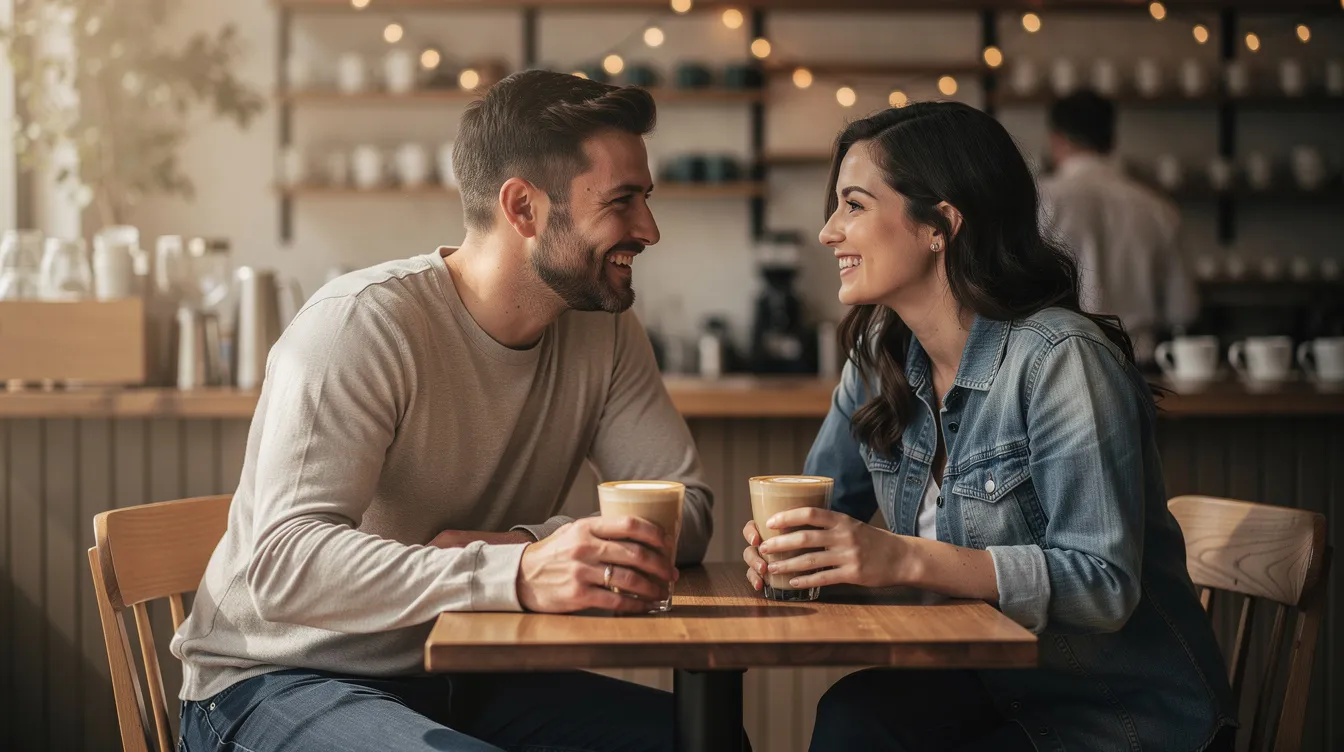 A happy couple sits together at a cozy coffee shop, enjoying their lattes and sharing positive moments, symbolizing the joy found in healthy relationships. Their relaxed demeanor highlights the importance of emotional health and establishing clear boundaries in romantic relationships.