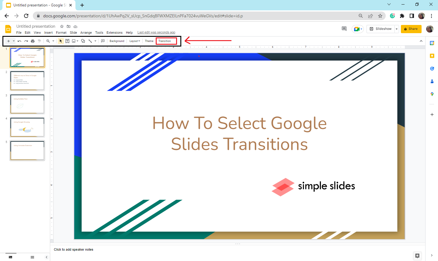 Navigate and select "transition" in the toolbar section.