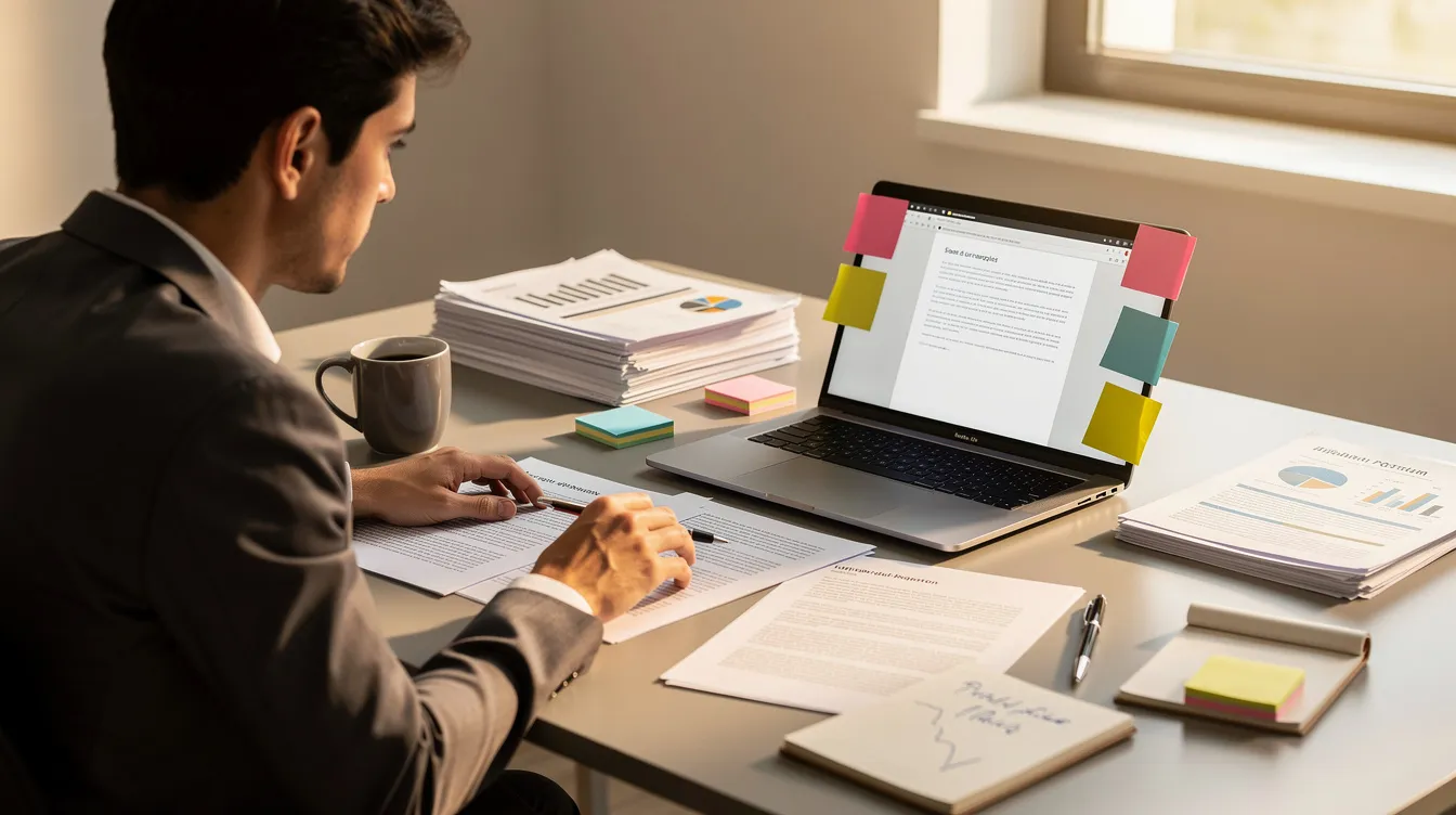 A person is seated at a desk, intently reviewing documents on a laptop surrounded by sticky notes and printed materials, suggesting a focus on trademark applications and intellectual property rights. The workspace is organized, indicating thorough preparation for potential trademark litigation or dispute resolution.