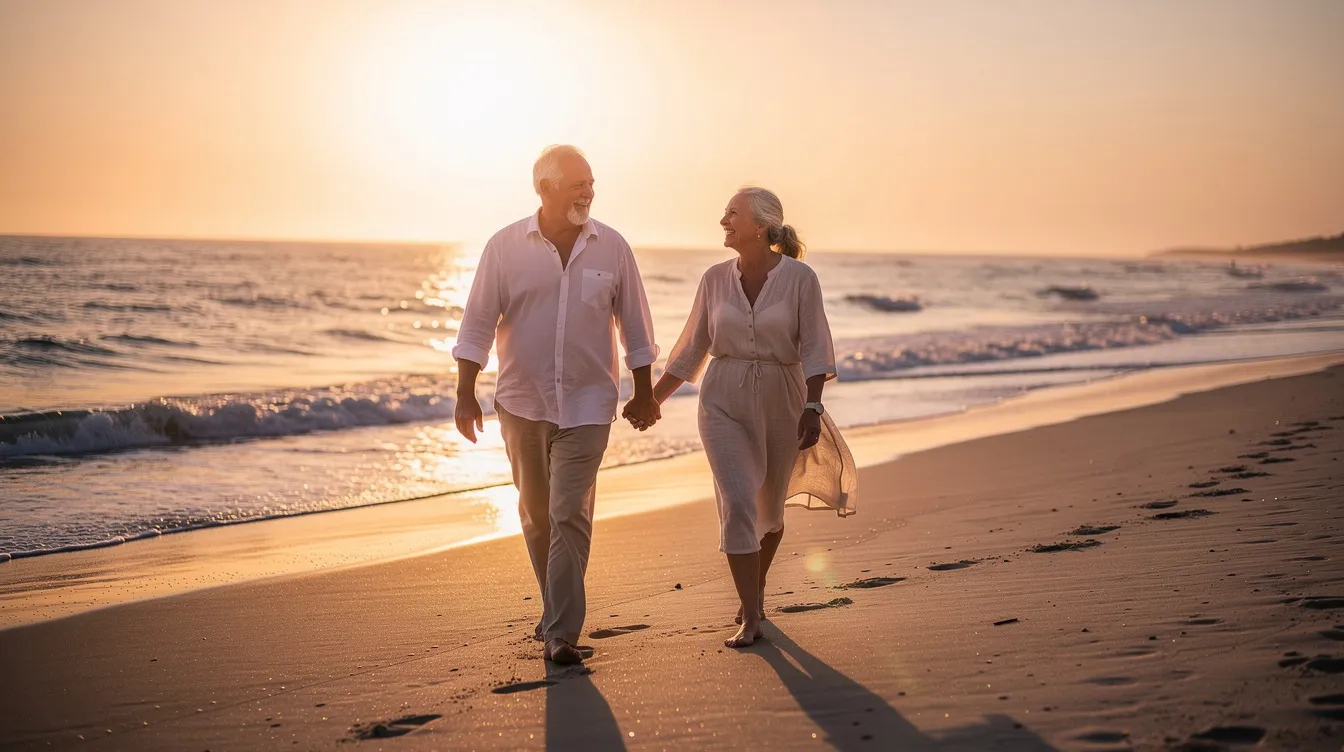 An older couple walks hand-in-hand on a beach at sunset, radiating happiness and relaxation as they enjoy their time together. This serene moment reflects the joy of retirement, where they can focus on their personal goals and financial freedom after years of saving and planning for their future.