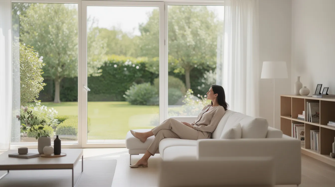 Ein helles, modernes Wohnzimmer bietet einen Panoramablick auf einen üppigen, grünen Garten. Eine elegante Frau sitzt entspannt auf einem weißen Sofa und schaut nach draußen, während das Licht sanft den Raum erhellt.