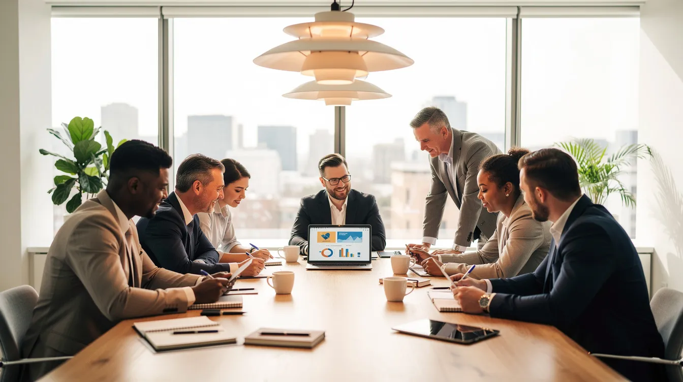 Une équipe diverse de professionnels collabore autour d'une table de travail dans un environnement lumineux et moderne, échangeant des idées sur les techniques de vente et les méthodes pour mieux comprendre les besoins des clients. Leur posture engagée montre l'importance de l'écoute active et de la confiance dans le processus de vente.