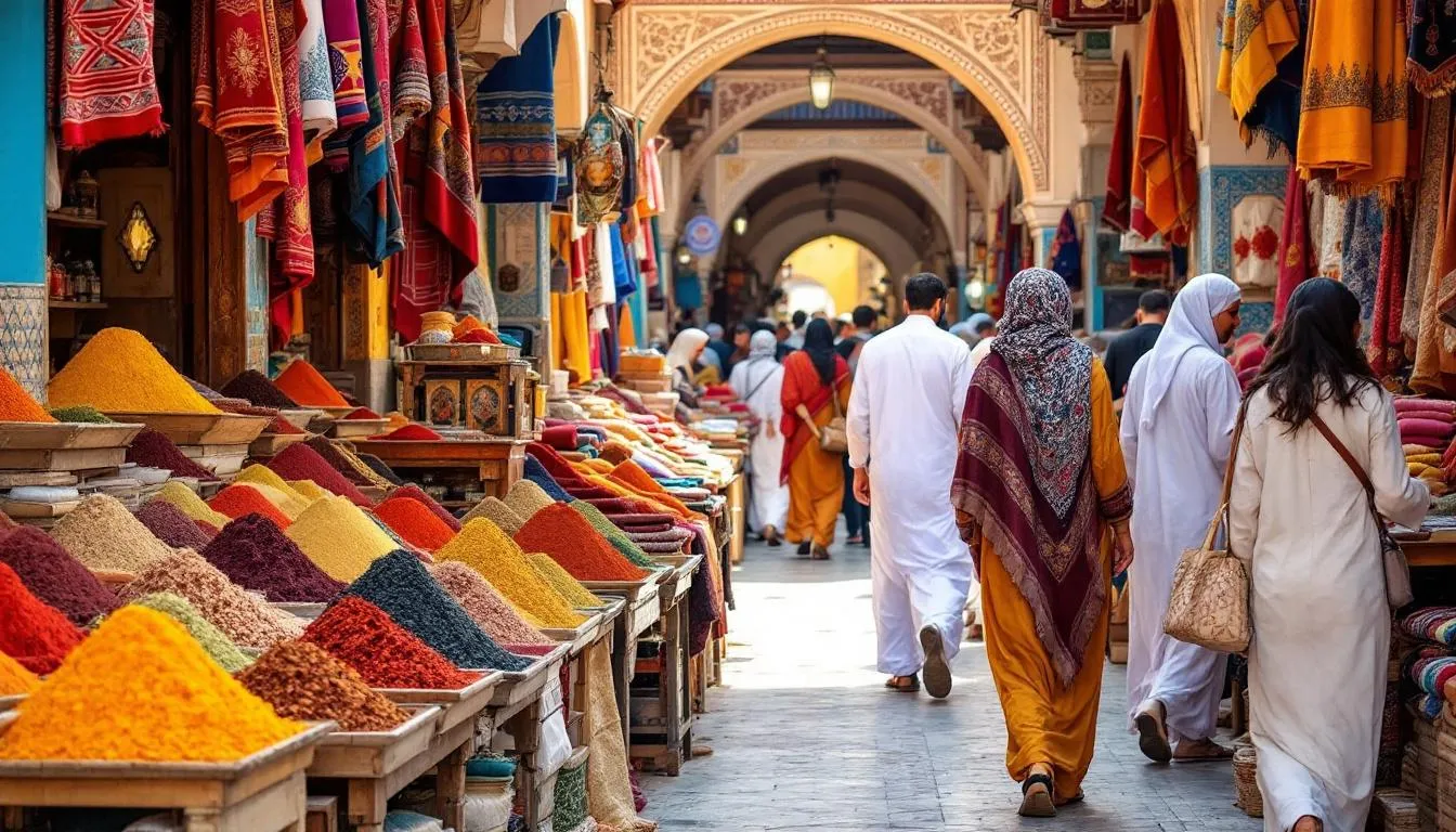 A vibrant traditional Moroccan market scene showcases colorful spices and textiles, with vendors dressed in traditional attire engaging with the local population. This bustling marketplace is a key attraction in Casablanca, reflecting the rich culture and history of Morocco.