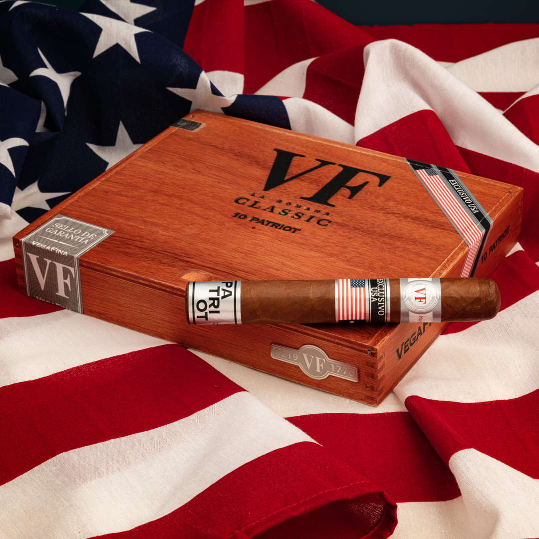A cigar with a band featuring the American flag