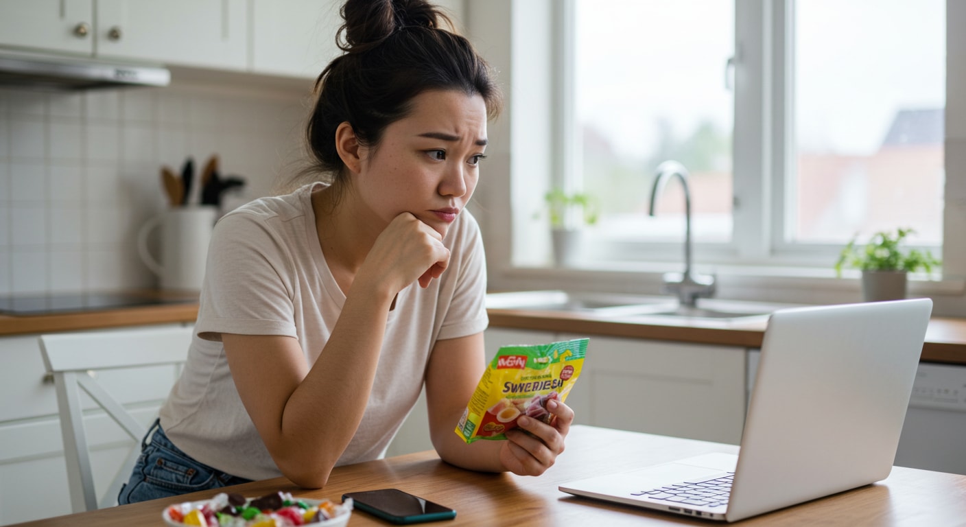 A vegan woman searching online if Swedish candy is vegan or not