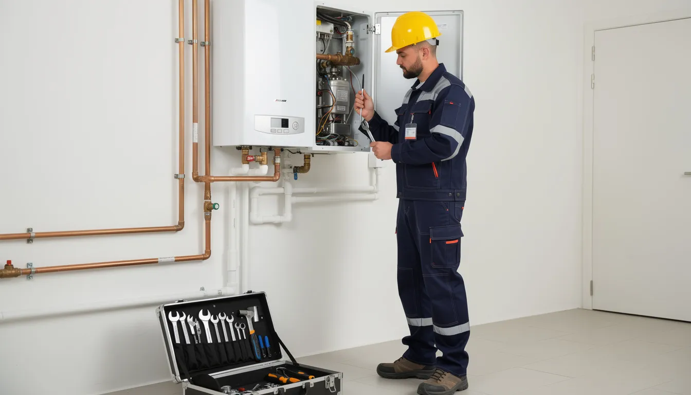 A gas safe engineer in work clothes is inspecting a wall-mounted boiler, checking the boiler pressure gauge while a toolbox sits nearby. The engineer is focused on ensuring the central heating system operates properly, addressing any potential issues related to low boiler pressure or pressure drops.