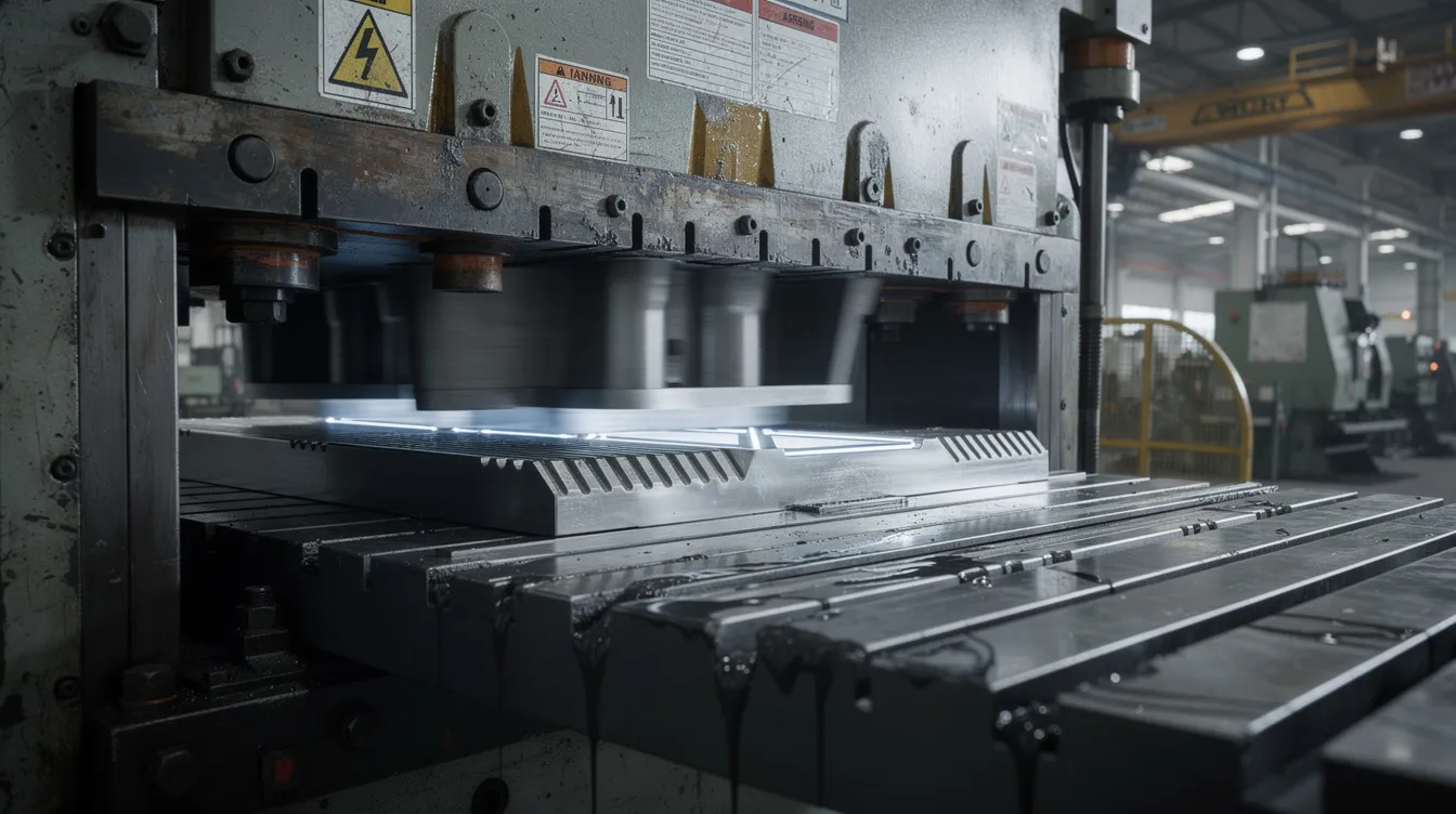 A close-up view of a large industrial stamping press is shown, actively forming sheet metal parts through the die manufacturing process. This machine utilizes various types of dies, such as progressive and compound dies, to cut and shape raw materials into complex components for the manufacturing industry, particularly in high volume production settings like the automotive industry.