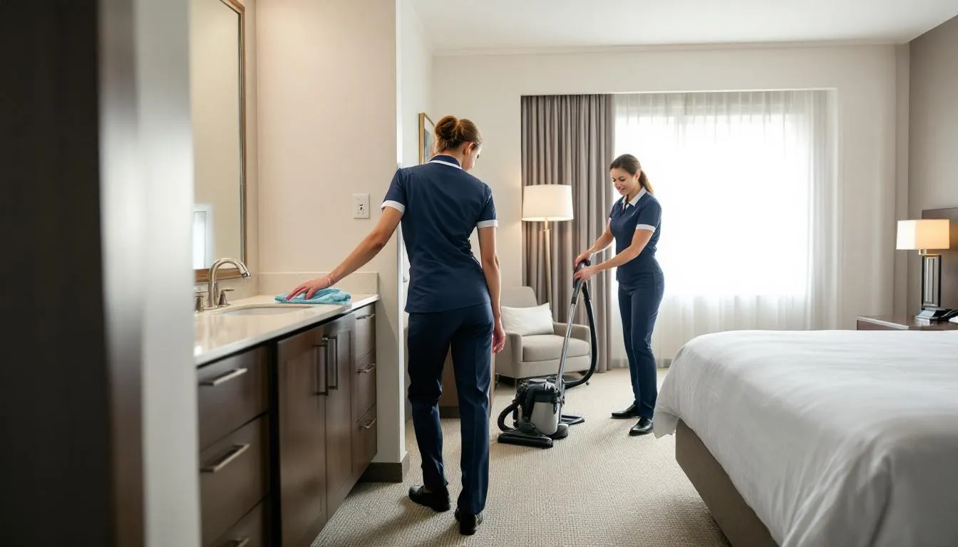 In a bustling hotel in Amsterdam, dedicated housekeepers, including a head housekeeper and room attendants, is diligently working to maintain cleanliness and create a memorable experience for guests by cleaning rooms, making beds, and ensuring bathrooms are spotless. Their commitment to detail reflects the high standards of hospitality in the city.