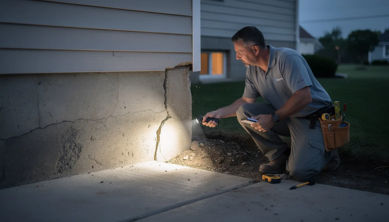 A home inspector examines a residential property foundation, highlighting the importance of thorough inspections to uncover potential structural damage or hidden problems that affect property condition and market value.