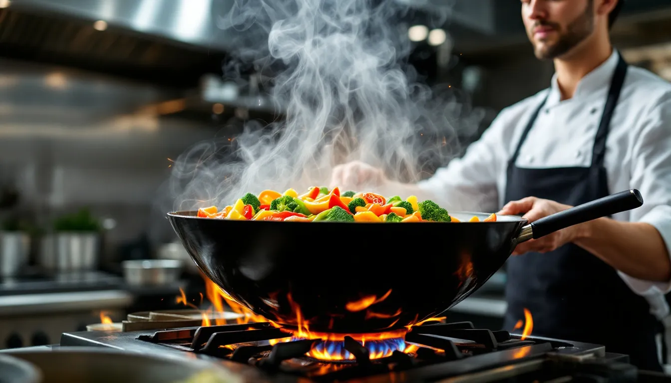 A chef is stir-frying a colorful mix of vegetables in a hot wok, with steam and heat shimmer rising from the cooking oil, possibly peanut oil or olive oil, creating a vibrant and aromatic scene in a bustling kitchen. The sizzling sounds and inviting aroma indicate a delicious meal in the making.