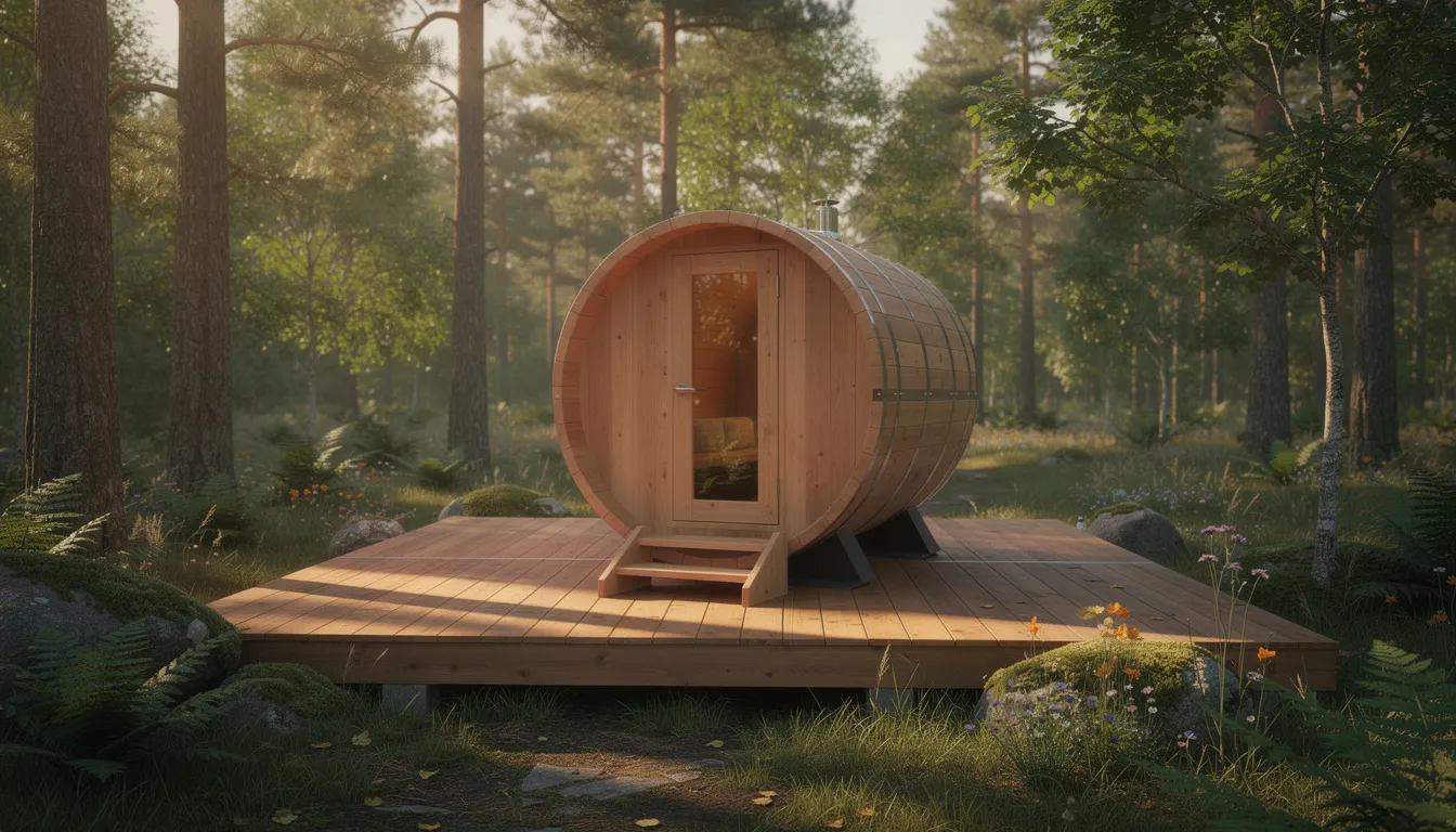 The image depicts an outdoor cedar barrel sauna situated on a wooden deck, surrounded by lush trees and natural landscaping, creating a serene environment ideal for a personal wellness sanctuary. This inviting space promotes relaxation and deep rest, enhancing overall well-being amidst the calming sounds of nature.