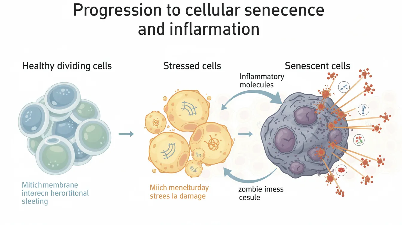The conceptual diagram illustrates the progression from healthy dividing cells to stressed cells and finally to senescent &ldquo;zombie cells&rdquo; that release inflammatory molecules, negatively impacting surrounding tissue. This visual representation highlights the role of senescent cells in the aging process and their potential contribution to age-related diseases, emphasizing the importance of cellular health in supporting healthy aging.