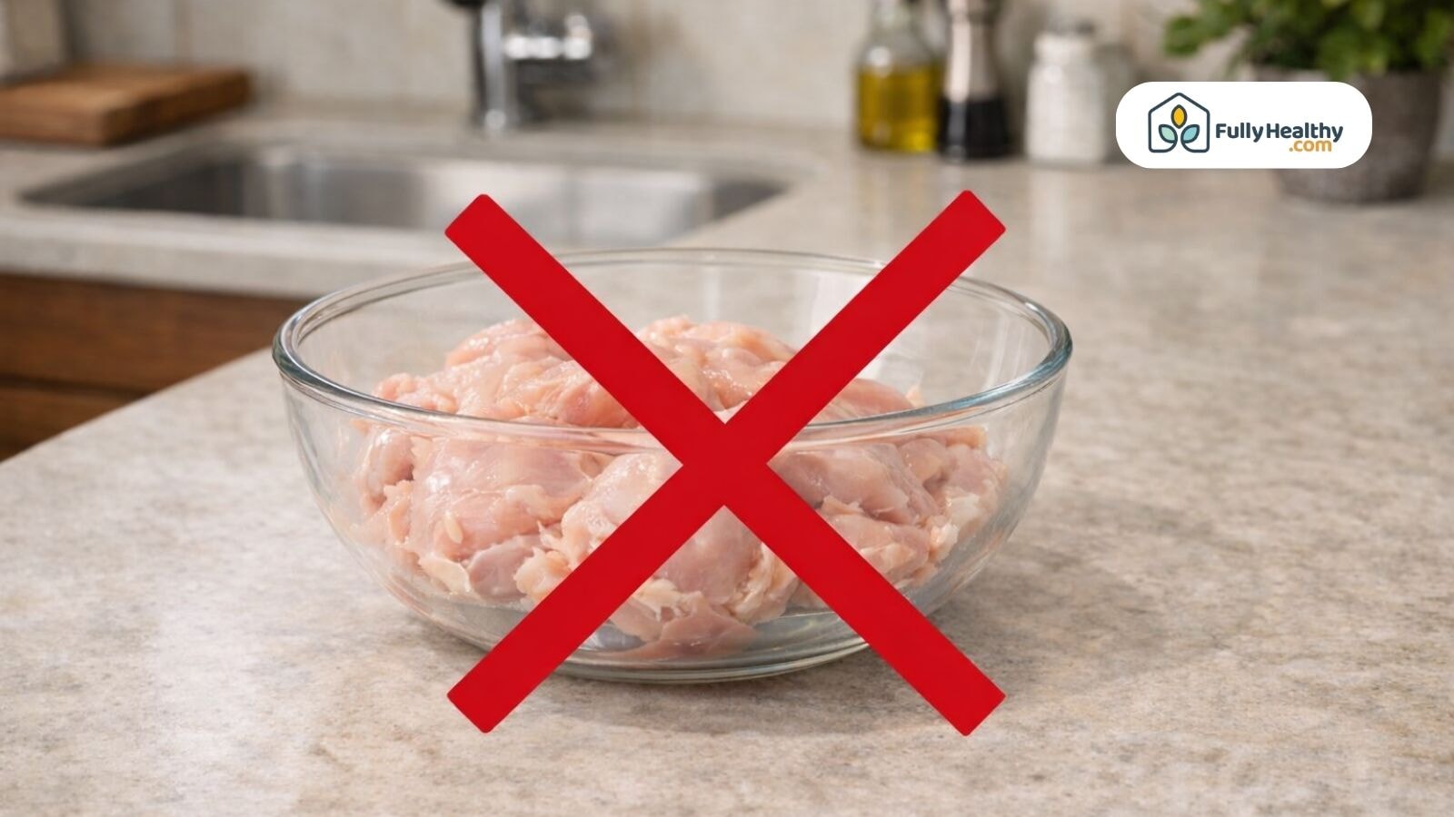 Unsafe thawing method showing raw chicken left at room temperature