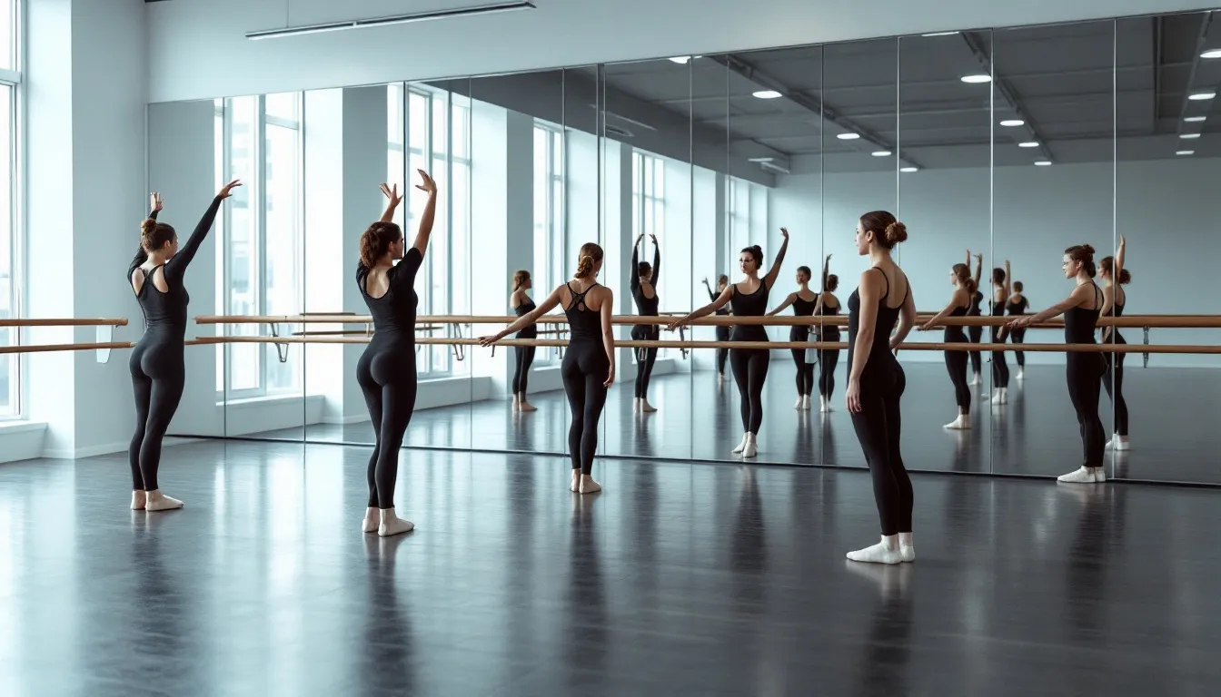 En un moderno estudio de barre, varias mujeres están practicando ejercicios en la barra, enfocándose en su entrenamiento de fitness. La atmósfera es dinámica y motivadora, ideal para clases que fomentan la confianza y el desarrollo personal.