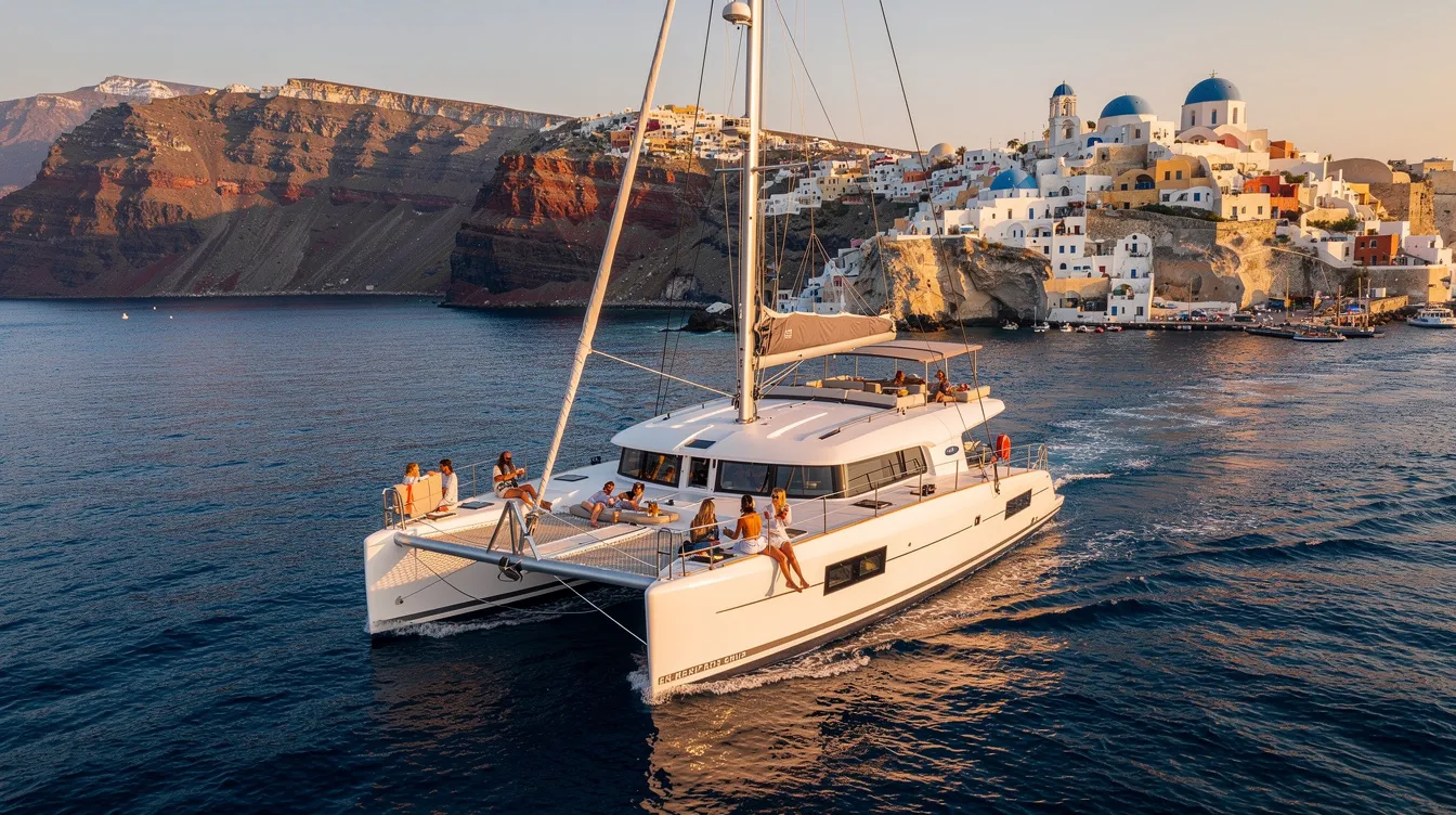 Uma imagem de um cruzeiro de catamarã em Santorini, na Grécia, com águas azuis do mar Egeu e as icônicas casas brancas da ilha ao fundo. O cenário é perfeito para uma experiência de viagem inesquecível, explorando as belezas naturais e culturais deste destino famoso.