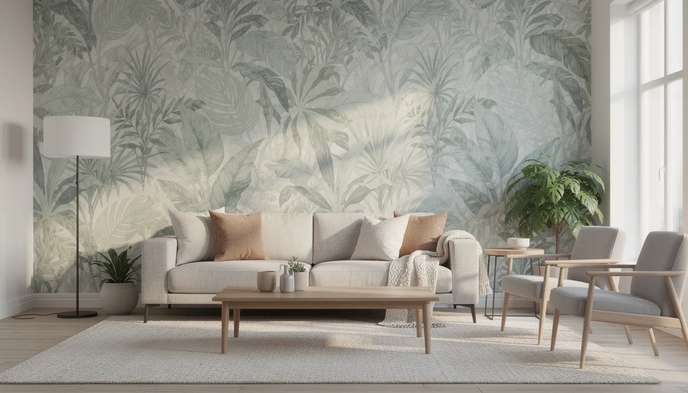 A contemporary living room showcases a striking botanical wallpaper accent wall adorned with intricate florals, complemented by neutral furnishings that create a harmonious and inviting atmosphere. The design reflects the enduring influence of the Morris arts and crafts movement, celebrating nature