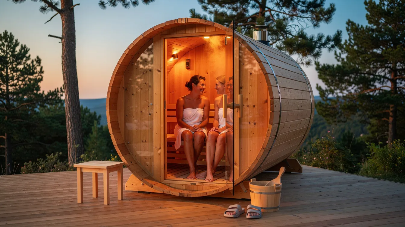A happy couple is enjoying a relaxing moment in an outdoor wooden sauna, situated on a spacious deck surrounded by nature. This cozy setting highlights the appeal of outdoor saunas, offering a tranquil retreat for home sauna ownership.
