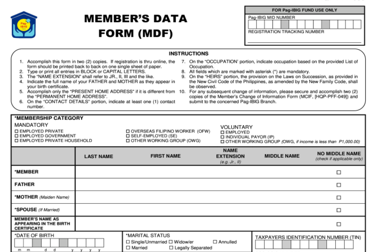 Close-up of Pag-IBIG membership form.