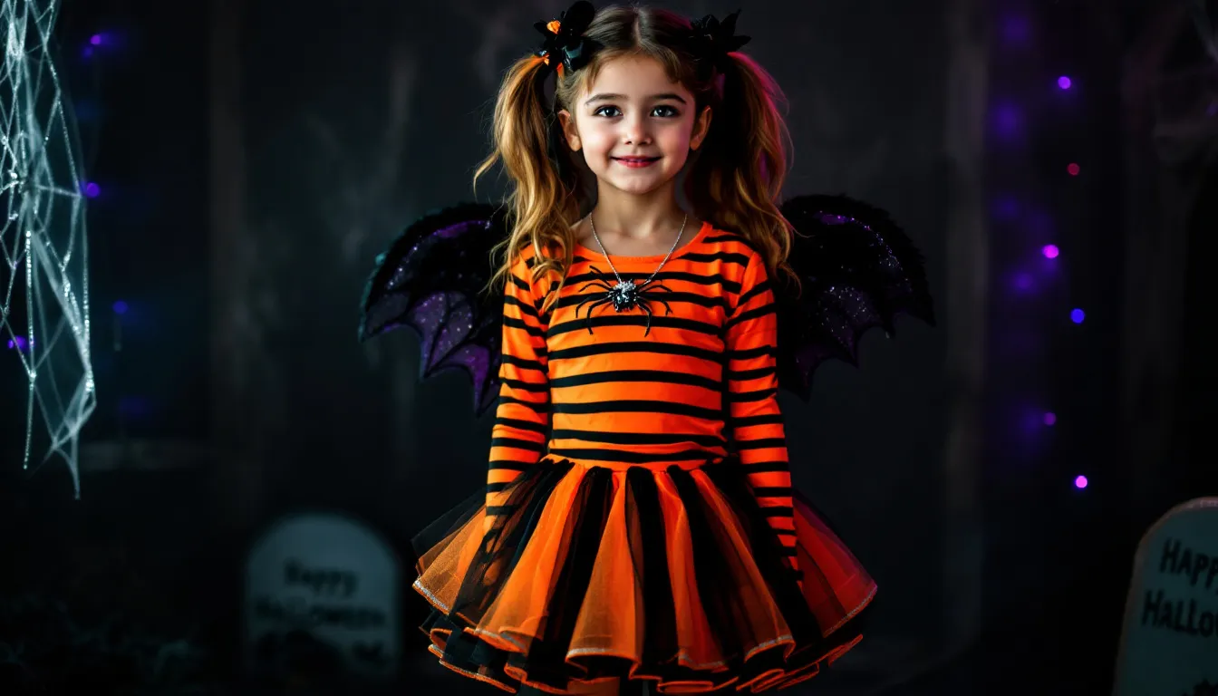 A 9-year-old girl is dressed in a colorful Halloween costume, featuring a princess outfit complete with sparkling accessories and a flowing skirt. She smiles brightly, embodying the fun and imagination of Halloween, perfect for a party or trick-or-treating.