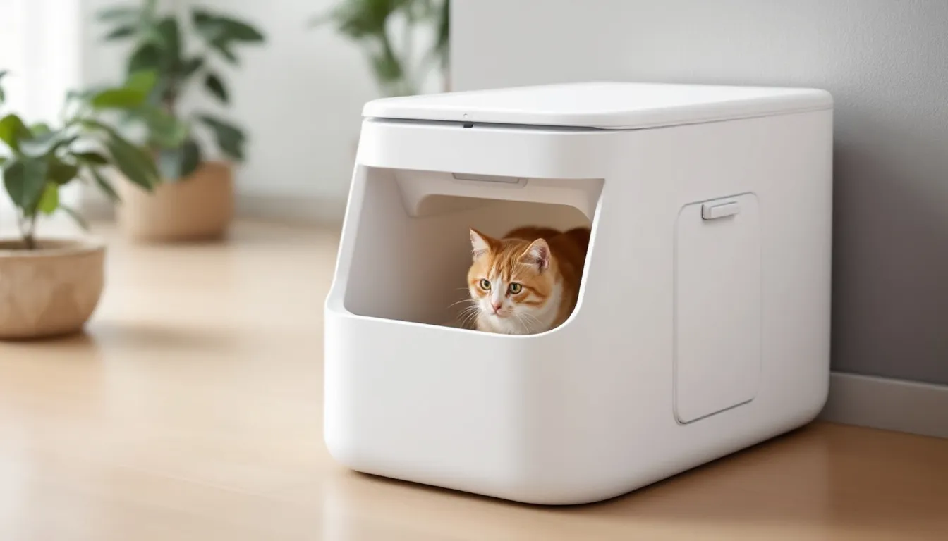 Een moderne semi-automatische kattenbak staat in een huiselijke omgeving, uitgerust met een geurfilter en een grote afvalbak voor een hygiënische en praktische oplossing voor kattenbezitters. Deze zelfreinigende kattenbak minimaliseert nare geurtjes en biedt gemak bij het schoonmaken, ideaal voor meerdere katten.