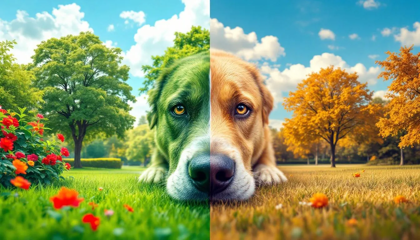 In this comparison image, the park scene is depicted from two perspectives: one showing how humans perceive vibrant colors like green grass and a bright red ball, while the other illustrates how dogs, with their dichromatic vision, see the same scene in muted tones of brown and yellow, reflecting their color blindness. The image highlights the differences in color perception between human and canine vision, emphasizing how dogs see the world with limited color sensing capabilities.