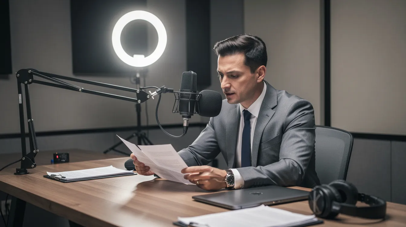 An executive dressed in business attire is seated at a podcast desk equipped with a microphone and a ring light, carefully reviewing notes in preparation for recording a video podcast. The setting reflects a professional atmosphere, highlighting the importance of podcast production services in developing engaging content. An executive dressed in business attire is seated at a podcast desk equipped with a microphone and a ring light, carefully reviewing notes in preparation for recording a video podcast. The setting reflects a professional atmosphere, highlighting the importance of podcast production services in developing engaging content.