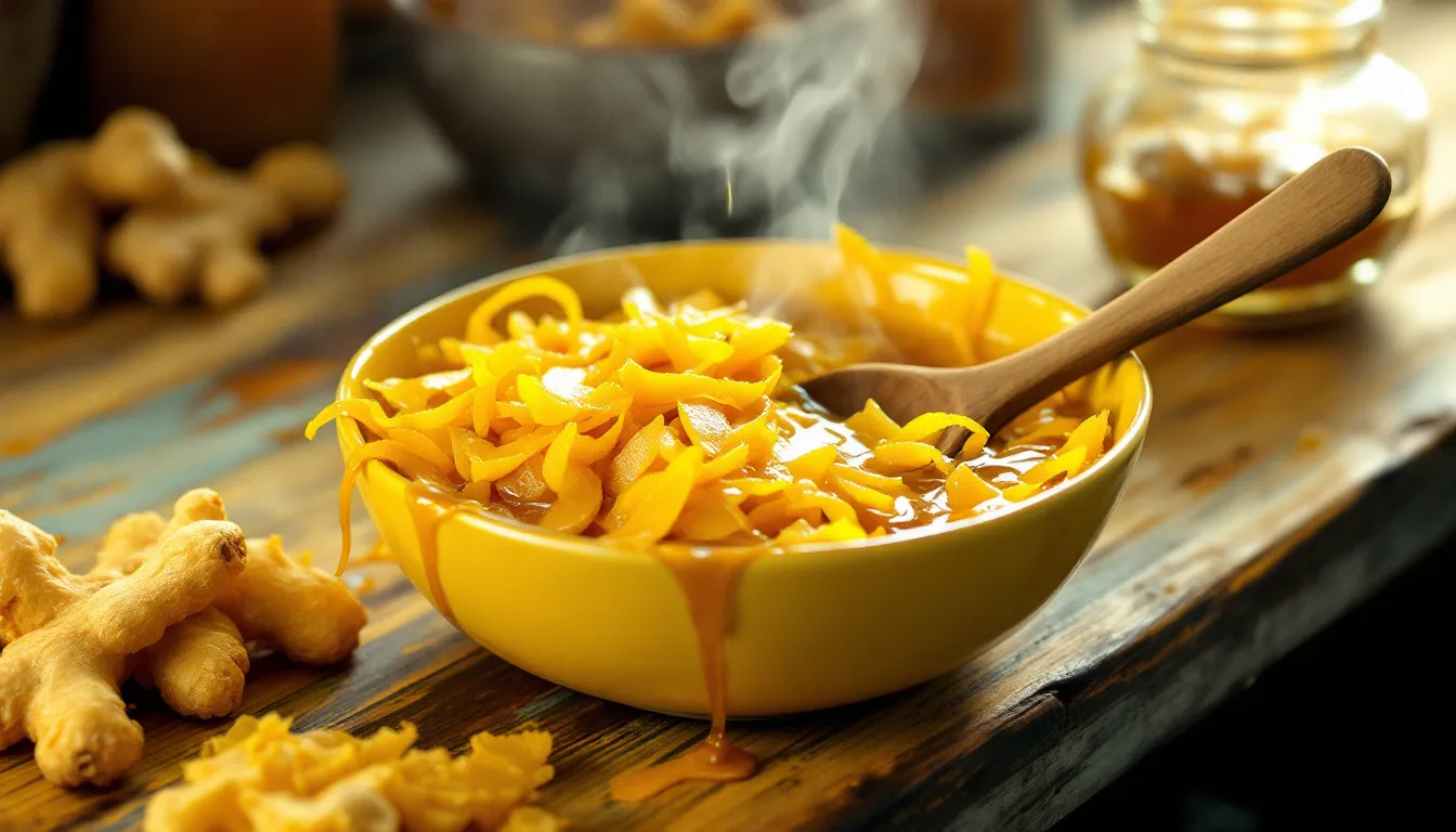 A mixture of ginger and honey being stirred together in a bowl.