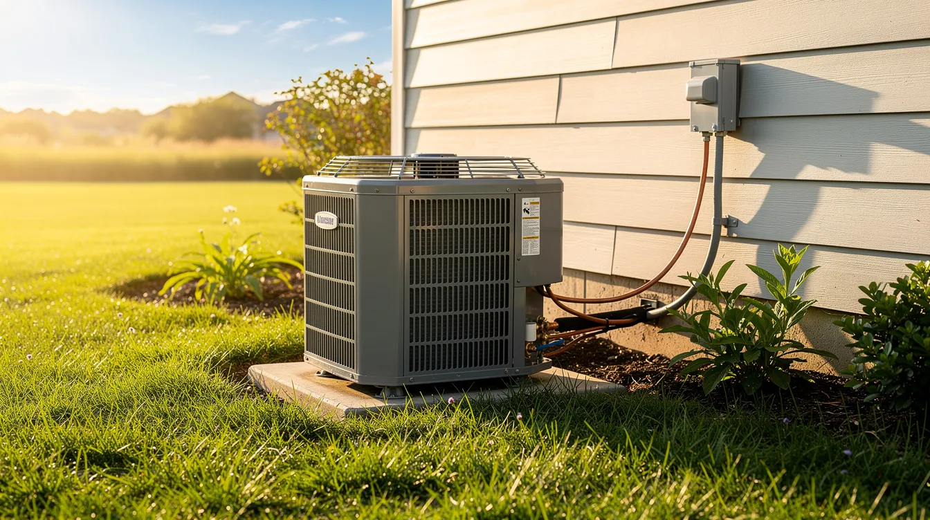 An outdoor air conditioning unit is positioned beside a house, surrounded by lush green grass, under the bright sun on a warm summer day. This cooling system is essential for maintaining indoor air quality and comfort during the hot months.