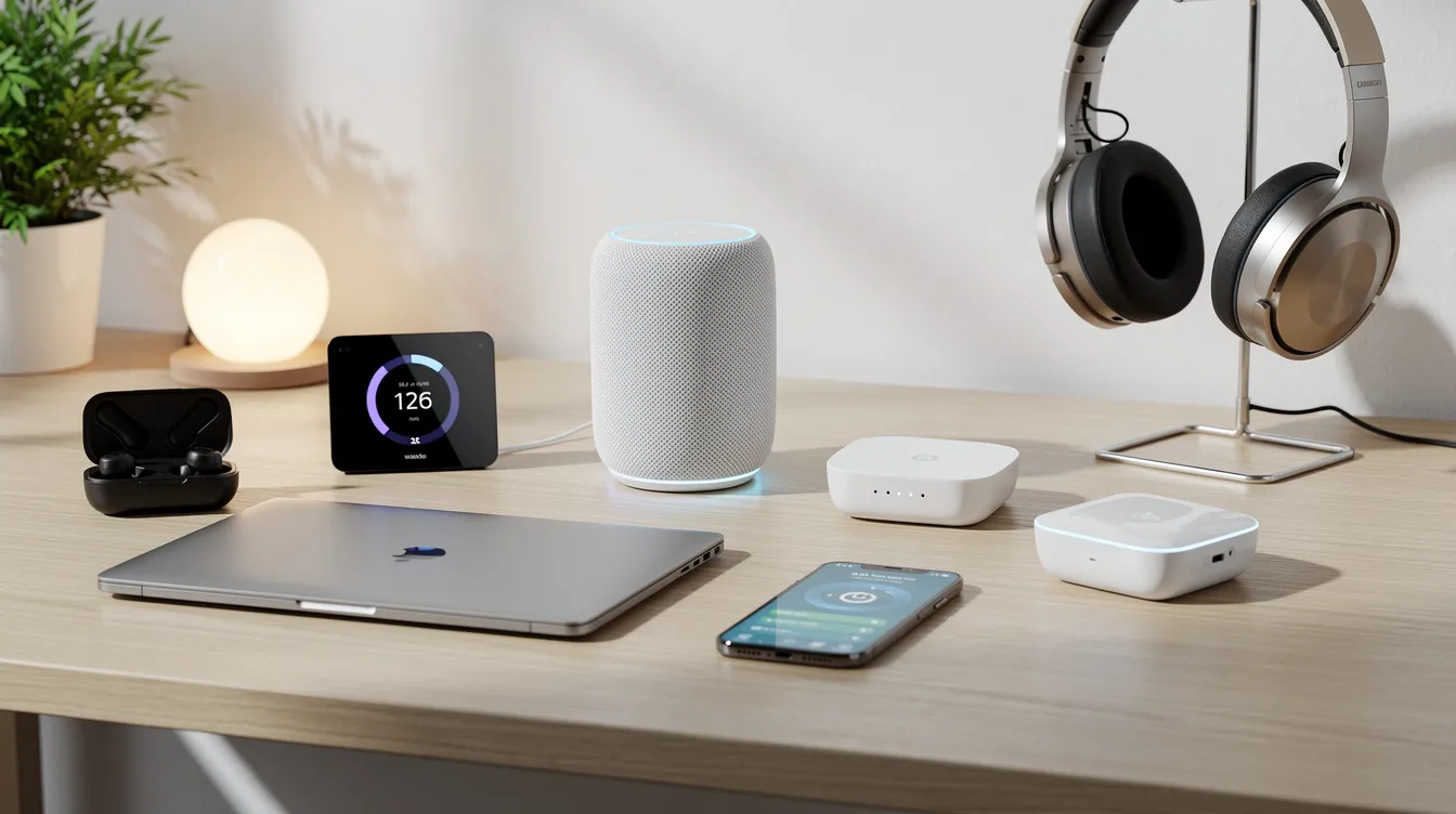 The image features a collection of smart home devices and tech accessories neatly arranged on a minimalist wooden desk, showcasing modern design and functionality. This setup highlights the integration of AI-powered tools and accessories that enhance home automation and streamline daily tasks.