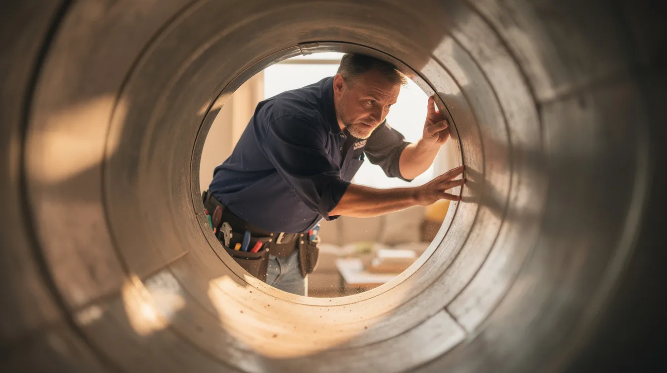 A residential HVAC technician in a plain navy shirt is closely inspecting the interior of a large sheet metal air duct, ensuring proper airflow and identifying potential issues that could affect indoor air quality. The warm lifestyle setting highlights the importance of maintaining a clean and efficient HVAC system to prevent stale indoor air and enhance overall air quality.