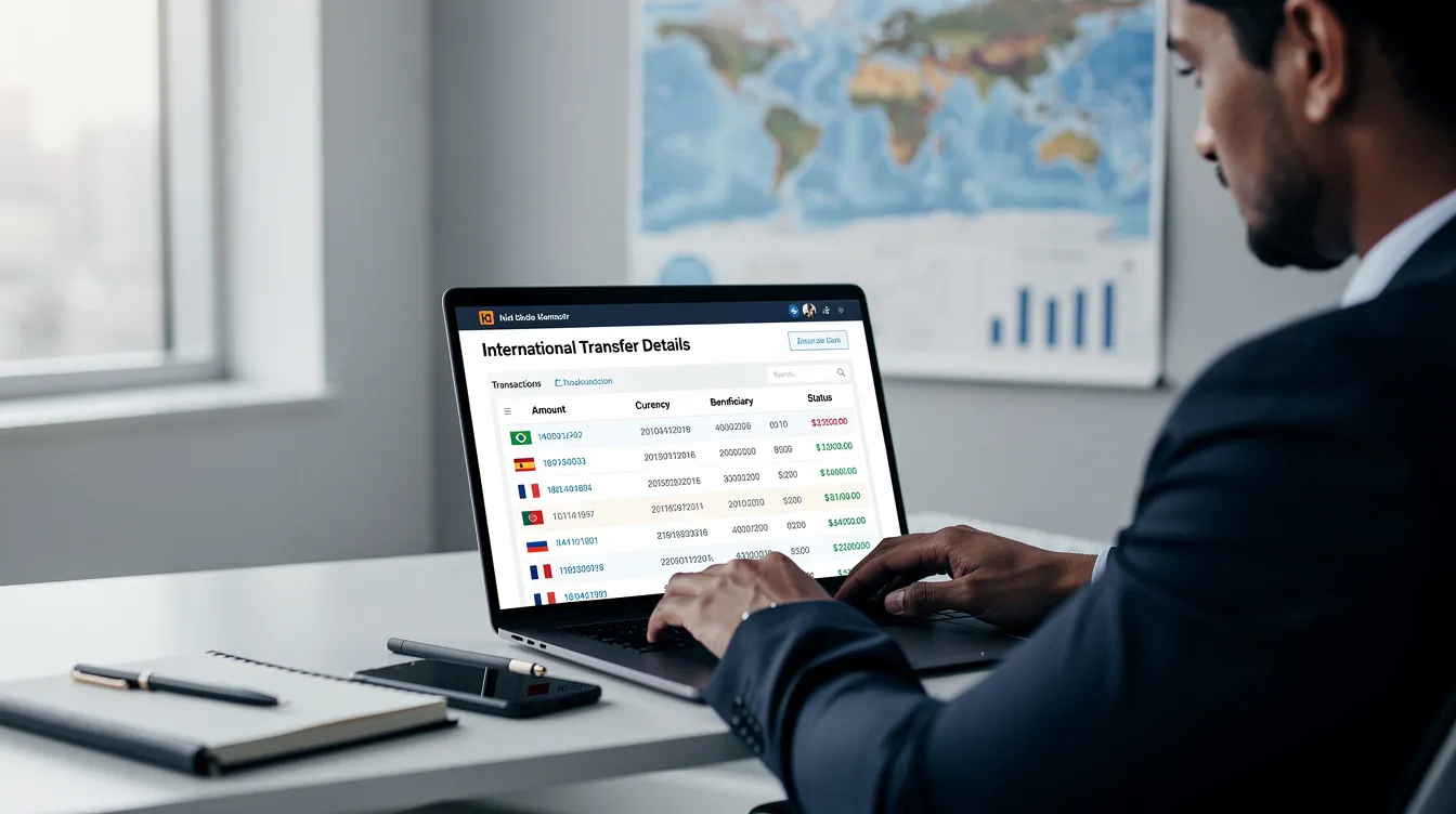 A person is sitting in front of a laptop, reviewing the details of an international money transfer, including the bank account information and exchange rates. The screen displays options for sending money abroad, along with the transaction fees and the recipient's account number for the international payment.