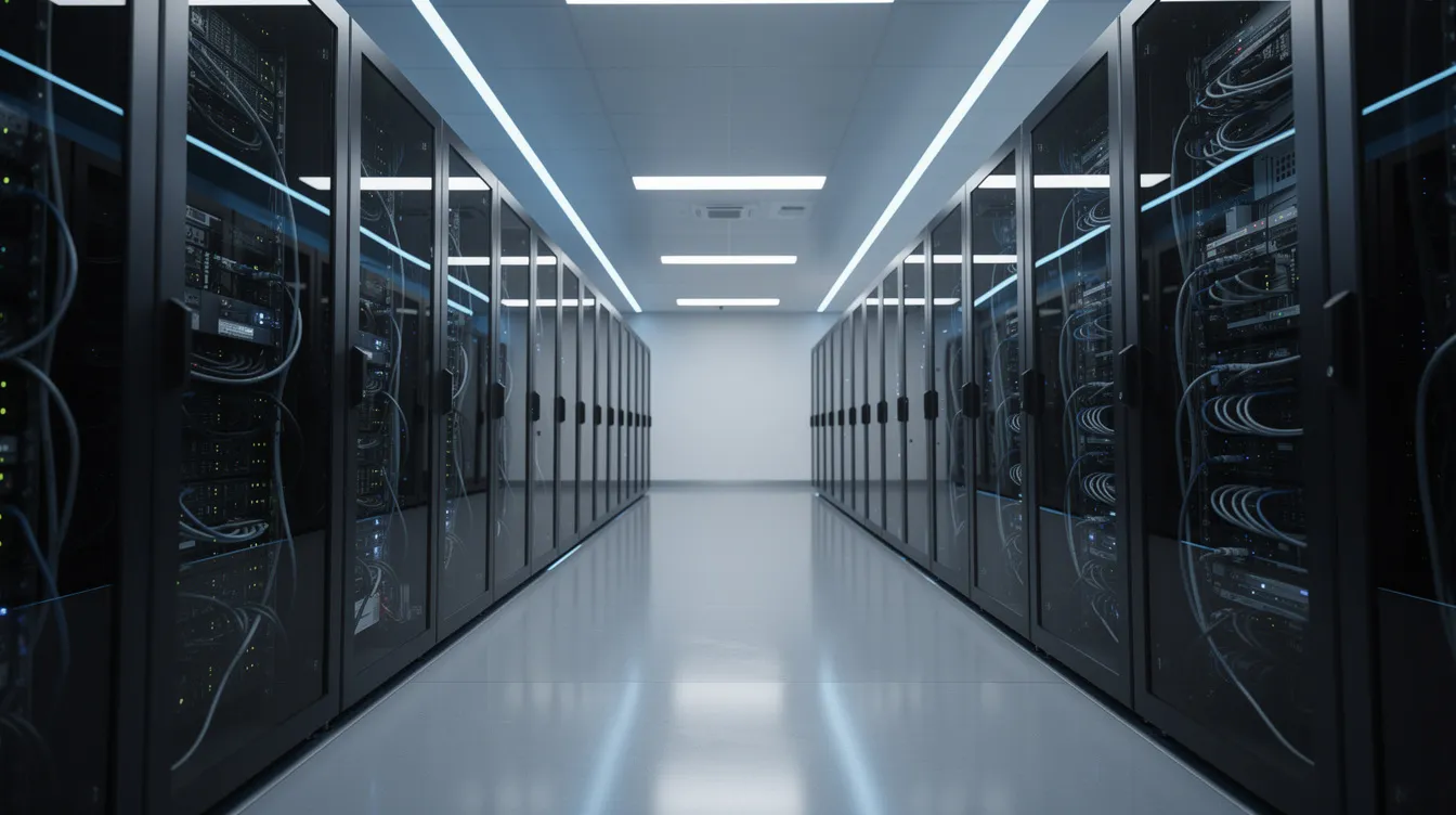 The image depicts a modern data center hallway lined with rows of sleek server racks, illuminated by blue LED lighting, creating a high-tech atmosphere. This environment is ideal for hosting services, including windows vps hosting, offering reliable performance and security for various virtual private server needs.